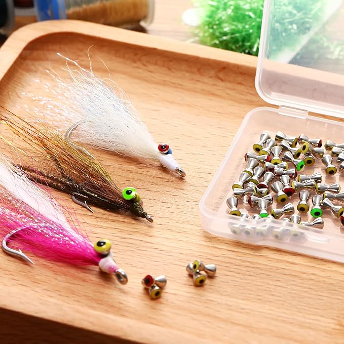 BBTO 50 Pieces Fly Tying Material - Realistic Dumbbell Eyes Alloy for Crafts Spinner Flies Fresh Water 3 Colors Shipped Randomly