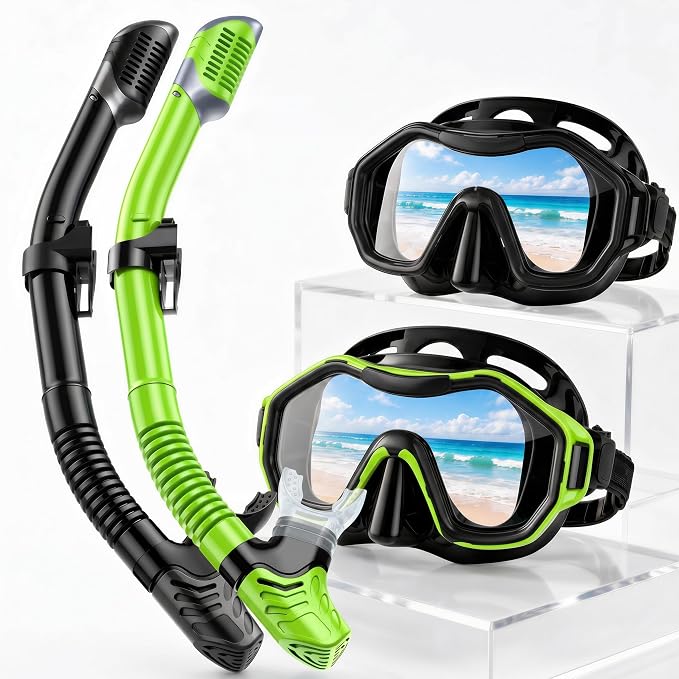 Snorkeling Gear for Adults Kids, Dry-Top Snorkel Set, 180°Panoramic Wide View Diving Mask Breathing Freely Snorkel Mask for Snorkeling Scuba Diving Swimming Travel