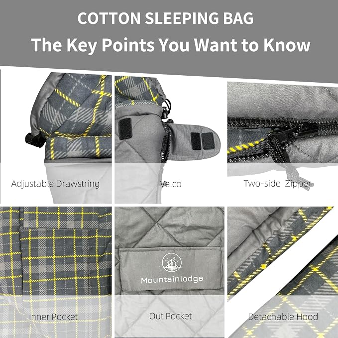 Mountainlodge 100% Cotton Shell and Lining Sleeping Bag for Adult Cold Weather with Compression Bag&Carry Bag for Camping,Travel and Car Camping