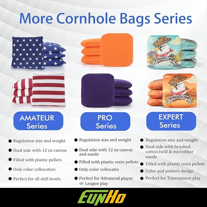 EunHo Regulation Cornhole Bags Set of 8 - Dual Sided Slick and Stick Cornhole Bean Bags for Tossing Game Professional All Weather Pro Corn Hole Bags with Tote Bag