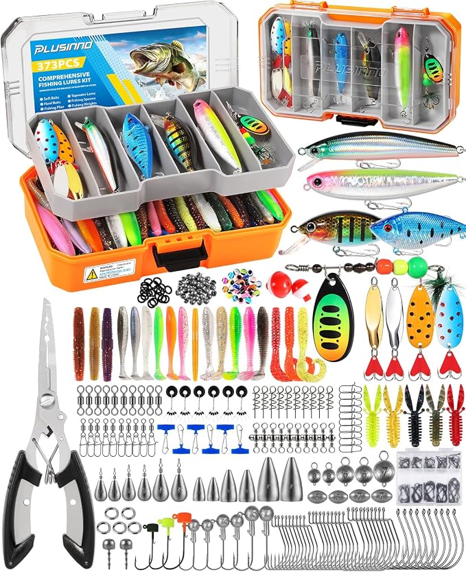 PLUSINNO Fishing Lures Tackle Box Gear Kit with Tackle Included, 373 PCS | Waterproof, Compact & Customizable, for Bass Trout, Freshwater Topwater, 16 Rigs, Fishing Gifts for Men Starter
