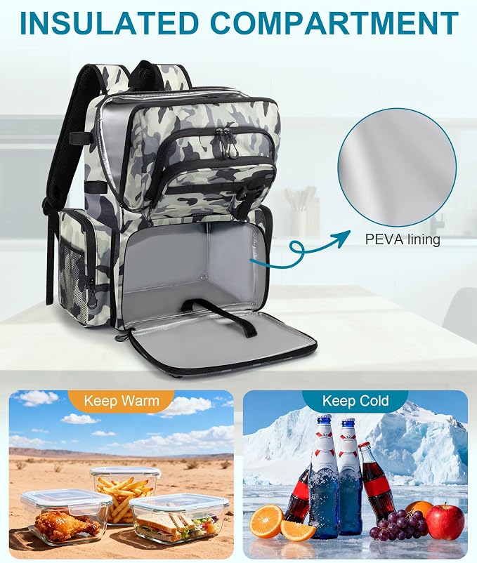 HXLGMD Fishing Backpack with Rod Holders, 43L Large Water Resistant Tackle Bag Storage Gear and Equipment with Cooler for Men Fishing, Camping, Hiking, Grey