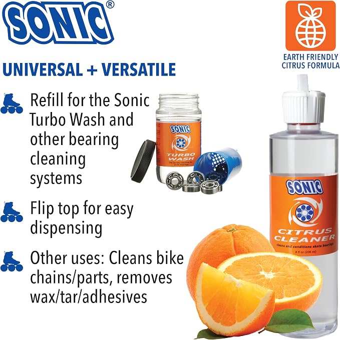 SONIC Citrus Skate Bearing Cleaner, Cleans Inline Skate, Roller Skate and Skateboard Bearings, Earth friendly, 8 oz, Made in USA, 1 pack