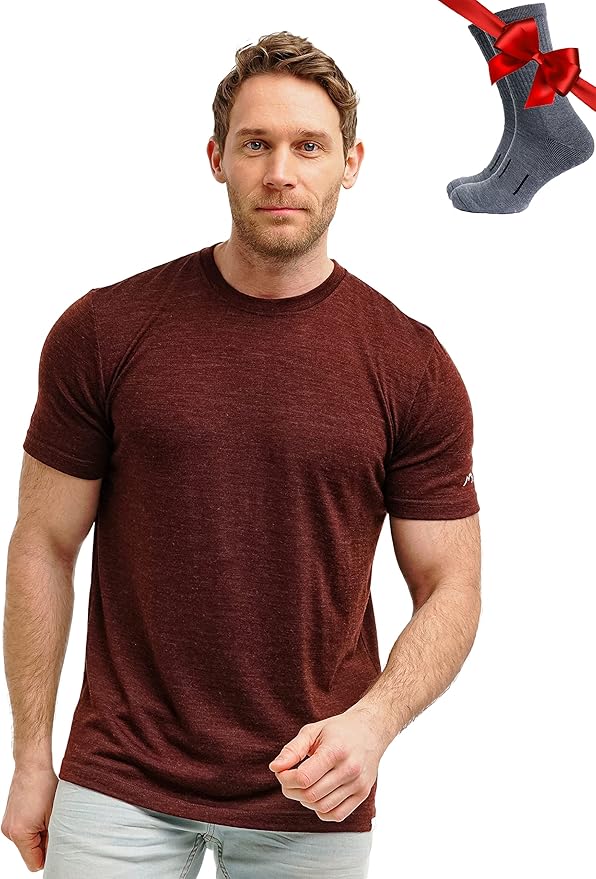 Merino Wool T-Shirt Mens - Merino Wool Undershirt Thermal Shirt for Men and Hiking Socks