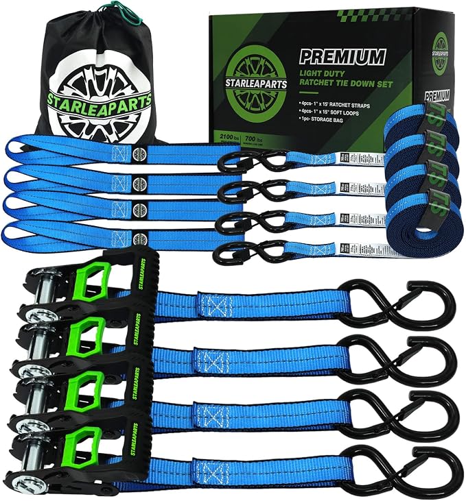 Motorcycle Tie Down Strap (4PK 1.0INX15FT) - 2,100lb Break Strength, Premium Ratchet Tie Down Straps Set, Soft Loop Ratchet Straps for Moving Appliances, Lawn Equipment, Cargo Straps for Trucks