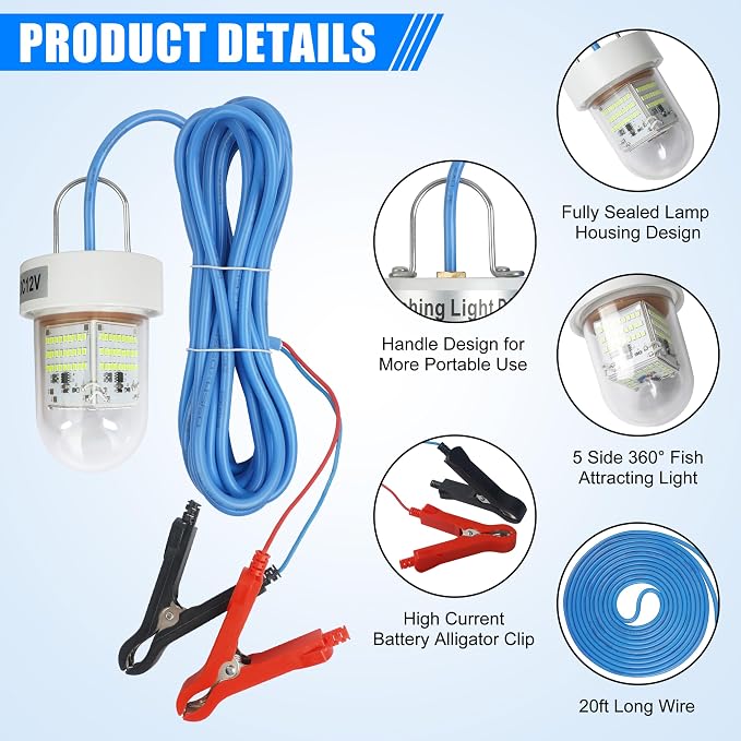 AGOOL Underwater Green Fishing Light Super Bright 80W 40000 Lumens 12V LED Deep Drop Night Fishing Light Submersible Fishing Bait Finder Shrimping Lights for Snook Crappie Shrimp Squid Fish