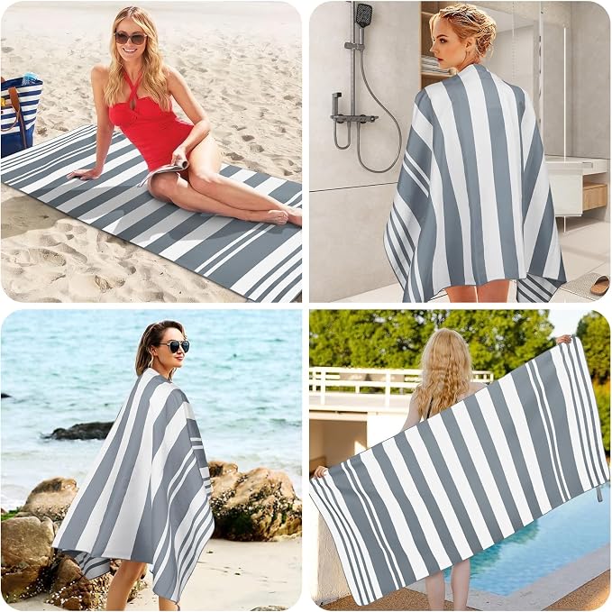 2-Pack Microfiber Beach Towels Set (63"x31.5" + 31.5"x16") | Oversized Quick Dry Sand Free Travel Towel for Beach Pool Gym Camping (Grey Towel A)