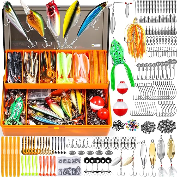 PLUSINNO 397pcs Fishing Accessories Kit and 404 PCS Fishing Lures, Upgrade XL Fishing Tackle Box with Tackle Included