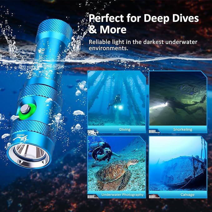 WINDFIRE Scuba Diving Light – Super Bright Diving Flashlight with 3 Modes & Power Indicator, IP68 Waterproof Rechargeable Underwater Torch for Scuba Diving, Snorkeling, and Underwater Exploration