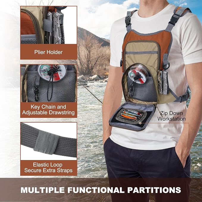Fly Fishing Chest Pack, Lightweight Fishing Backpack, Fishing Tackle Storage Fits Up to Hold Fly Boxes, Fishing Accessories for Men(Orange + Gray)