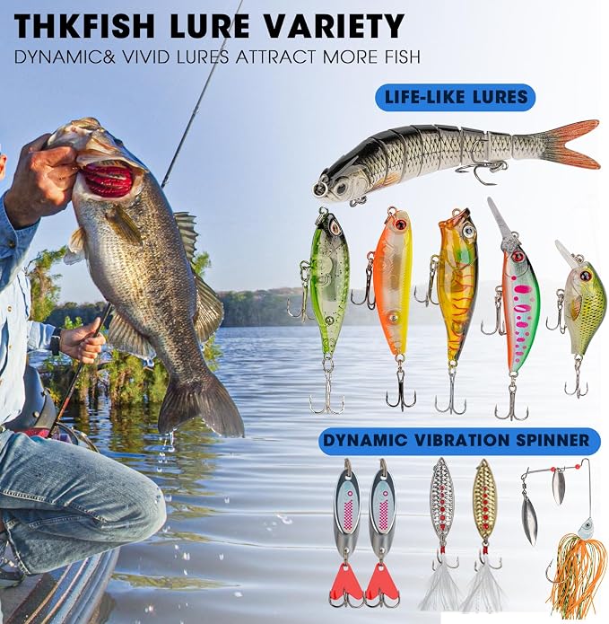 THKFISH Fishing Lures Kit, Bass Fishing Gear Kit for Freshwater Tackle Box with Tackle Included Topwater Baits, Swimbaits, Frog, Fsihing Bait Accessories Gift for Men