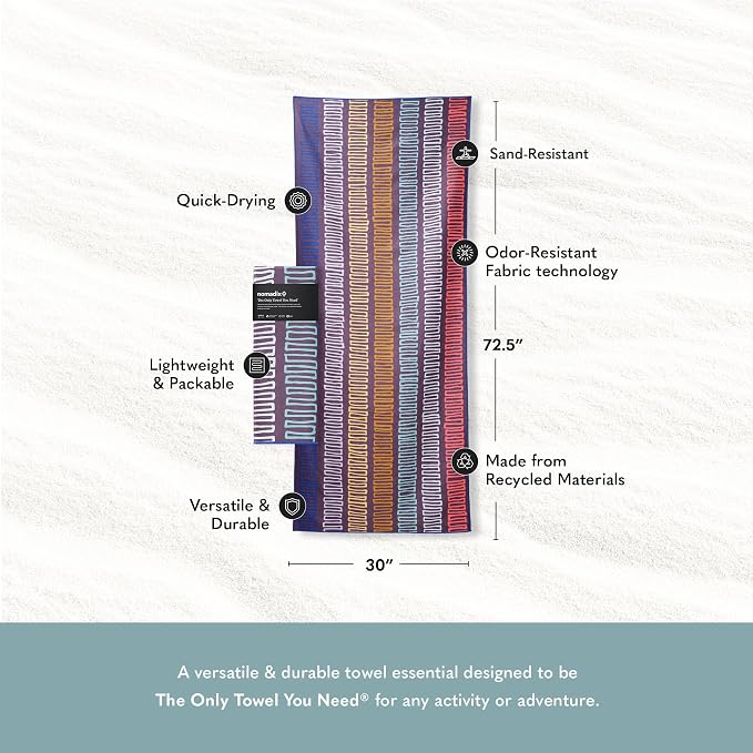 Nomadix Original Towel - Perfect for Beach, Pool, Travel, Camping, Yoga - Made with Recycled Materials - Super Absorbent - Sand Resistant - Switchback Multi - 72.5x30