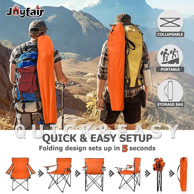Joyfair Portable Camping Chair, Outdoor Lawn Folding Chairs for Adults, Heavy Duty Large Foldable Chairs for Beach, Fishing, Tailgating and More Outdoor Sport, Carry Bag & Cup Holder