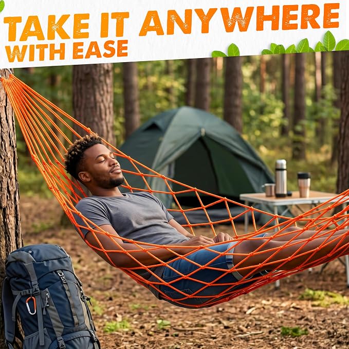 Mesh Hammock - Loop & Lounge Between Two Trees, Rope Hammocks for Outside Camping - No Stand Needed, 220 lb Capacity, Lightweight 13 oz Nylon Net Bed for Backyard Garden Patio Beach Travel, Orange