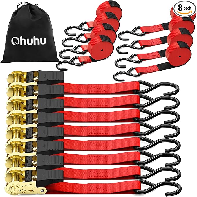 Ratchet Tie Down Strap 8-Pack 15 Ft - 500 lbs Load Cap with 1500 lbs Breaking Limit, Ohuhu Ratchet Tie Downs Logistic Cargo Straps for Moving Appliances, Motorcycle (Red)