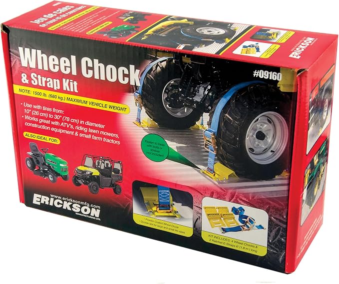 Erickson Wheel Chock Tie-Down Kit, 2 in x 7.5 ft, Double Slotted E-Fitting, Fits 10 in-30 in Tires, 1500 lb Ratchet Straps - Secures ATV, UTV, SxS, Mower & More