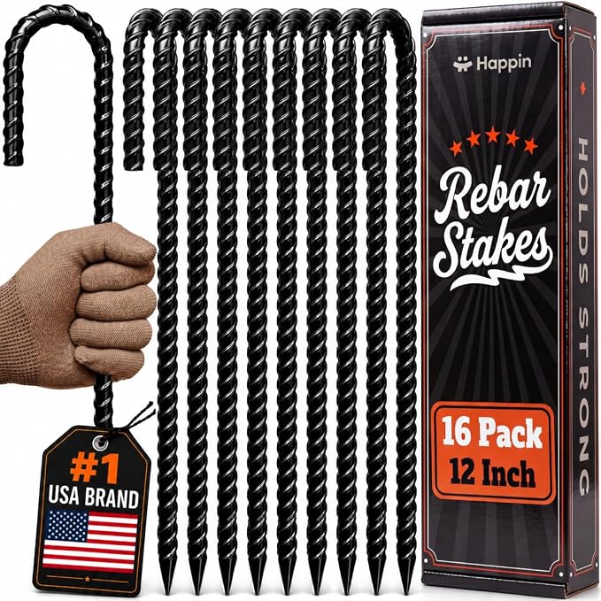 Happin® 12 Inch Rebar Stakes, J Hooks, Tent Stakes Heavy Duty Galvanized Garden Stakes – Trampoline Stakes, Chain Link Fence parts, Canopy, Lawn Decorations, Inflatables, Swing Set (J Shape – 16 Pack)