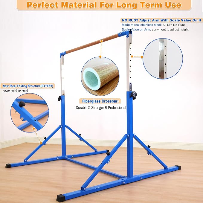 MARFULA 4FT/5FT Gymnastic Bar Set Gymnastics Kip Bar with 5 Ft Length 4Ft Inner Width 5ft Adjust Height Gymnastics Training Bar Equipment for Kids Professional Training Home and Club Use
