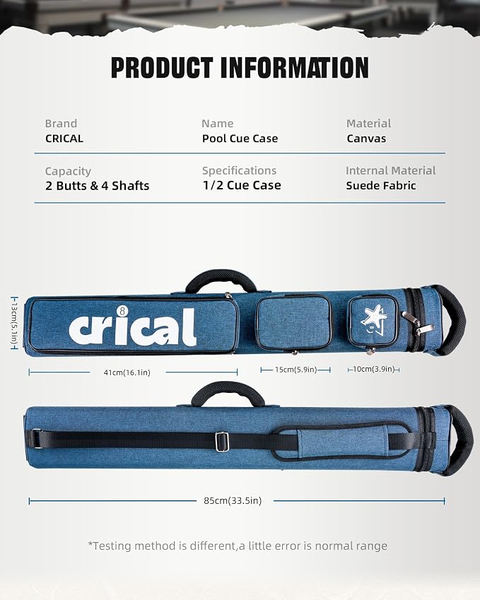 CRICAL Pool Cue Case 2x4 Hard Pool Stick Case Holds 2 Butts and 4 Shafts for Adults Billiard Cue Case with Soft Shoulder Straps