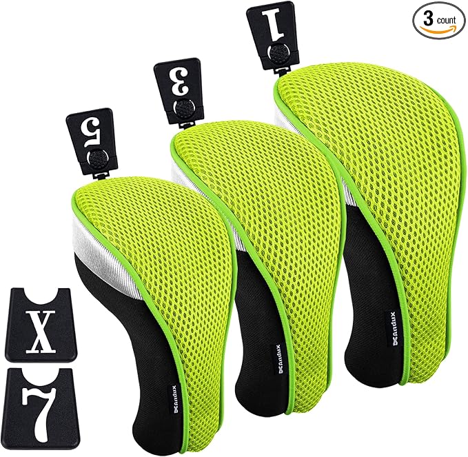 Andux 3pcs/Set Golf 460cc Driver Fairway Wood Club Head Covers | with interchangeable NO. Tags | Mesh Breathable material | Short Neck | Coloured Piping | Pull-On Closure