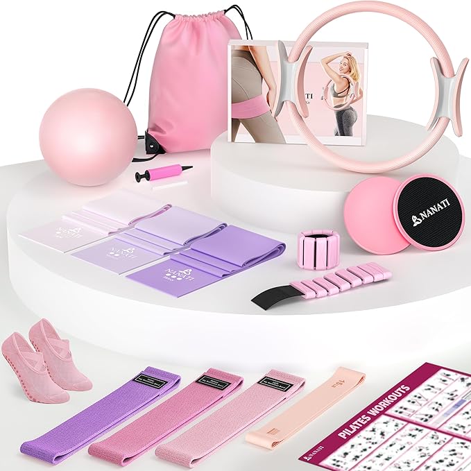 NANATI Pilates Kit, Home Pilates Workout Kit for Women, Pilates Equipment with 14.5" Pilates Ring and Ball, Resistance Bands, Ankle Weights, Sliders & Grip Socks for Home Workouts