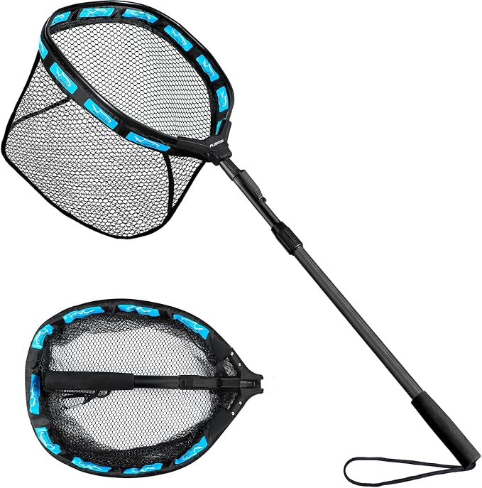 PLUSINNO Fishing Net Fish Floating Landing Net, Kayak Nets with Fixed Foldable Telescopic Pole Handle, Bass Trout Fishing Nets with Nylon Mesh for Pond Lake River, Fishing Gear Gifts for Men Anglers
