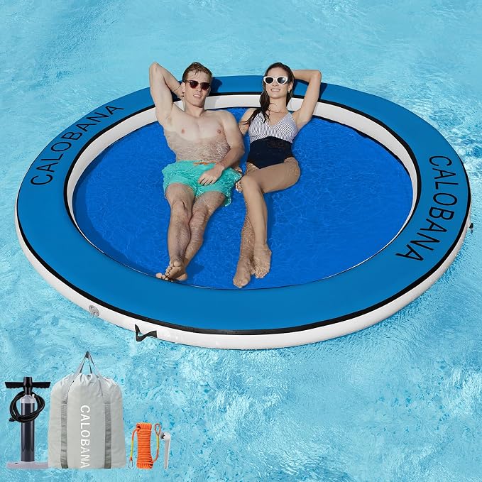 CALOBANA Round Floating Ring Inflatable Water Hammock Heavy Duty River Floats Lake Raft for Adults Tanning Pool Lounger Float Island Platform Pad Mat for Party