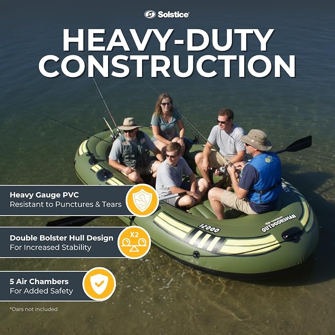 SOLSTICE Inflatable Boat for Lakes, Rivers & Beaches – Heavy-Duty Raft with Swivel Oar Locks, Rod Holders & Inflatable Seats – Outdoorsman, Fishing, 6-Person, Green, 12'