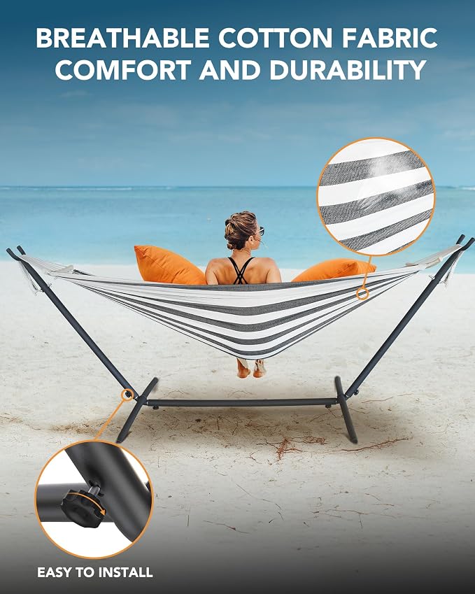 Everyfun Hammock with Heavy-Duty Steel Stand,Portable,Easy Assembly,600lbs Weight Capacity,Suit for Indoor,Yard,Camping,or Outdoor,Black White