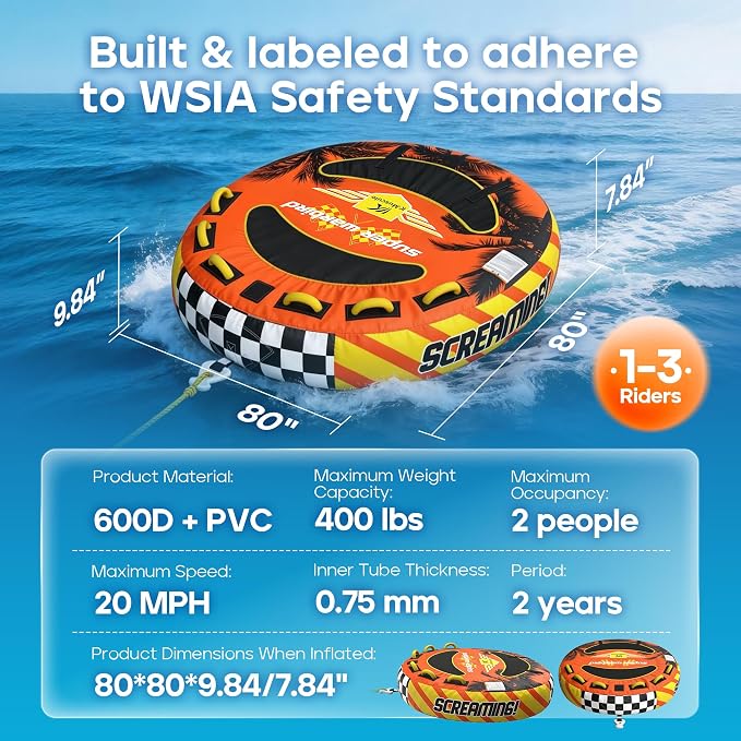 K-Musculo Towable Tubes for Boating - 2-3 Person Boat Tubes & Towables, EVA Foam Pads, Drainage, Super Safe Handle, Quick Connector