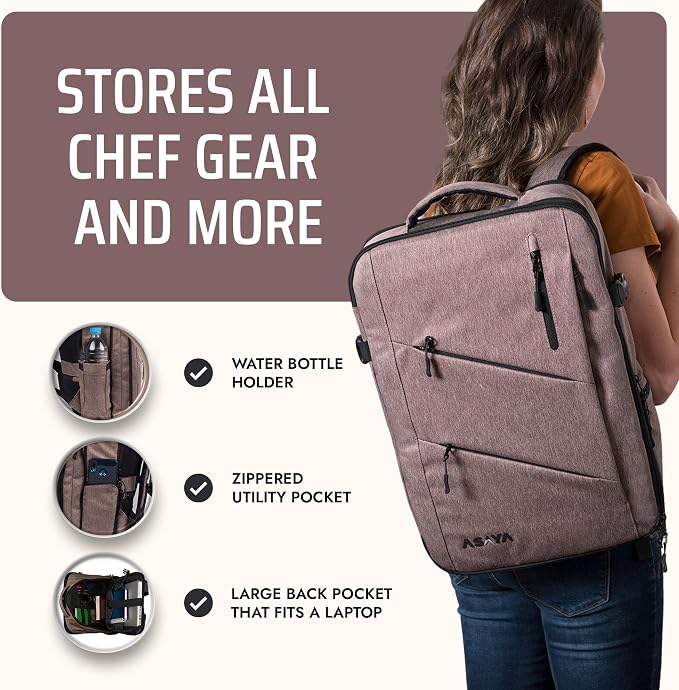 Asaya Chef Knife Backpack with 20-Pocket Knife Roll Bag - Over 30 Storage Pockets Chef Bag, Professional Backpack for Chefs and Culinary Students – Knives Not Included (Brown)
