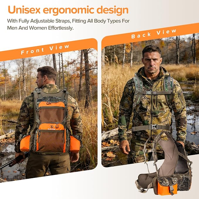 Upland Hunting Vest Backpack - Durable Orange Camo Game Vest with Multiple Pockets, Adjustable Fit, Bird Hunting Vest for Men