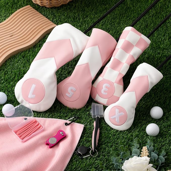 16 Pcs Golf Accessories Kit, 4 Pcs Leather Golf Club Headcovers for Woods, Drivers & Hybrids with Magnetic Ball Marker, Tees & Cleaning Brush Set for Men & Women