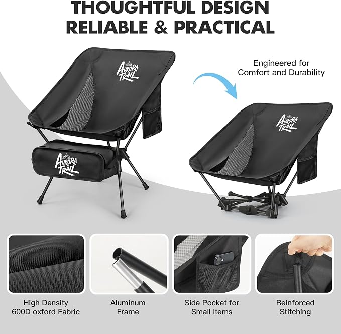 AuroraTrail Ultralight Backpacking Camping Chair – Only 2.7 lb, Supports 330 lb, Compact Folding Outdoor Seat with Carry Bag, 7075 Aluminum Frame for Hiking, Camping & Festivals (Black)