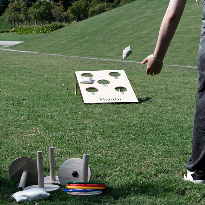 Merito 2-in-1 Outdoor Games, Cornhole Board Set & Ring Toss Game, Perfect Reinvented Bean Bag Toss Games for Backyard, Beach, Camping and Party