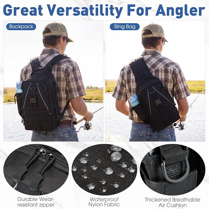 RoundFunny 256 Pcs Fishing Backpack with Tackle Box Gears, Tackle Sling Bag Backpack, Fishing Hook, Lures, Retractable Landing Net, Plier, Lip Gripper, Hook Remover, Fish Gift Men