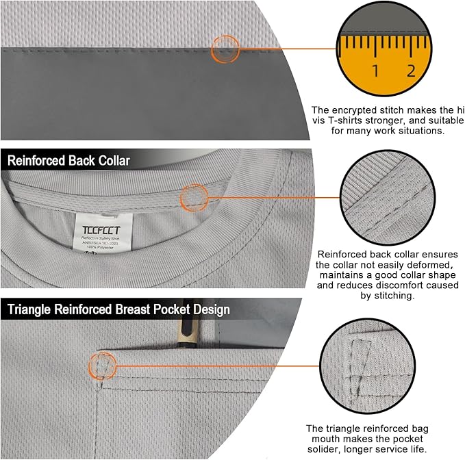 TCCFCCT Hi Vis Class 2 High Visibility Shirt for Men with Pocket, Short Sleeve Construction Work with Reflective Strips, Durable, Breathable - DC-Light Gray XXL