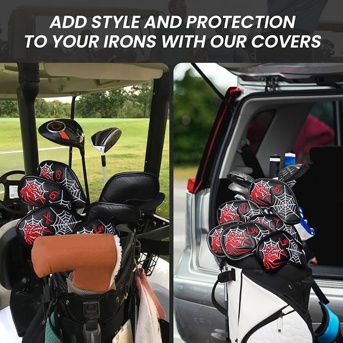 FINGER TEN Premium Synthetic Leather Stylish Iron & Wedge Golf Head Covers Value 12 Piece Set, Embroidered Labels & Fits Most Clubs Gift Set, Travel Protection Accessories