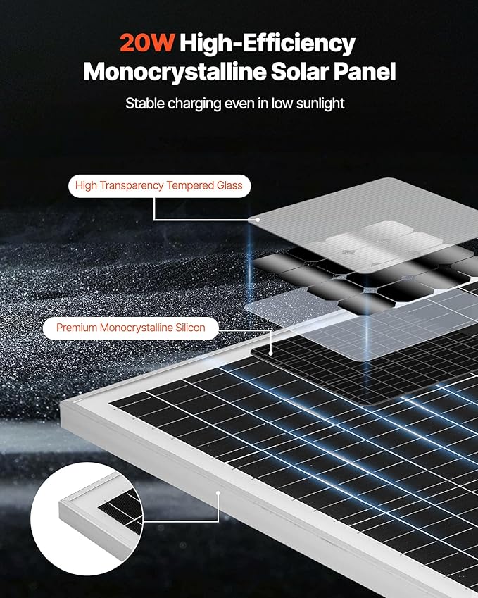 VEVOR 20W 12V Solar Battery Trickle Charger Maintainer, Mono Solar Panel Battery Charger with Built-in MPPT Controller & Adjustable Mount Bracket, IP65 Waterproof for Car Boat RV Trailer House Roof