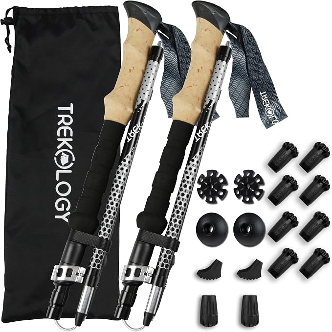 TREKOLOGY Trek-Z Collapsible Hiking & Trekking Poles -100cm-120cm (Black) Adjustable Length - Bundle with 8 pcs of Rubber Pole Tip - Perfect Set for Hikers, Backpacker - Walking Stick for Camping