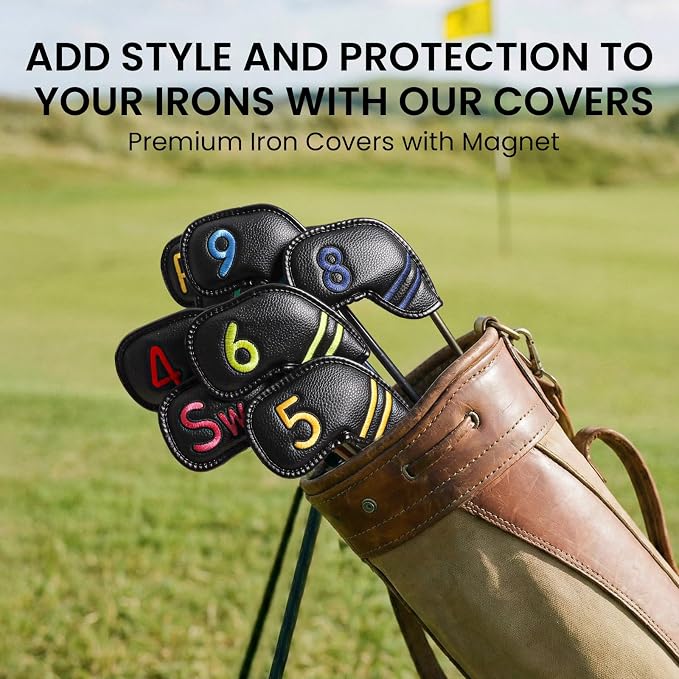 FINGER TEN Magnetic Golf Club Head Covers Value 9 Pack for Iron and Wedge, Premium PU Leather with Double-Sided Colorful Embroidery Label, Stylish Black Covers for Strong Protection
