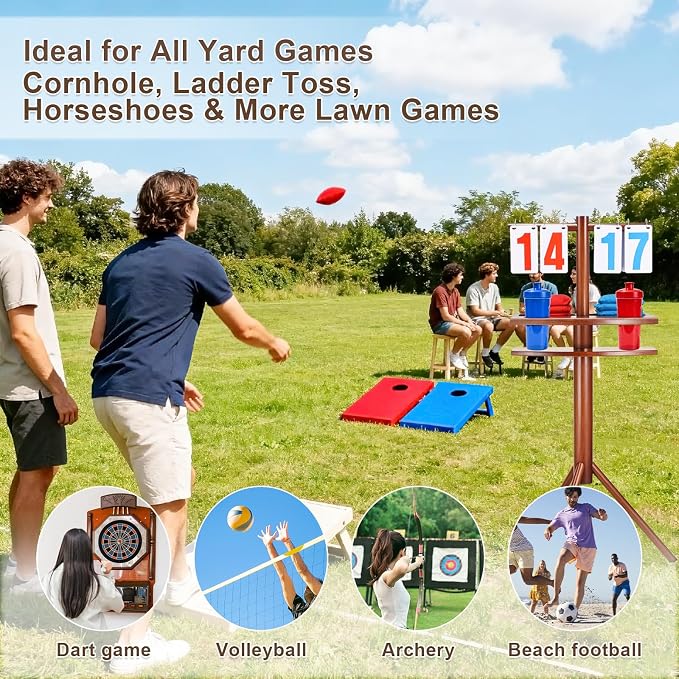 Triceratops Wooden Cornhole Scoreboard with Drink Holders – 41" Tall Outdoor Yard Score Keeper with Flip Cards (0–99),