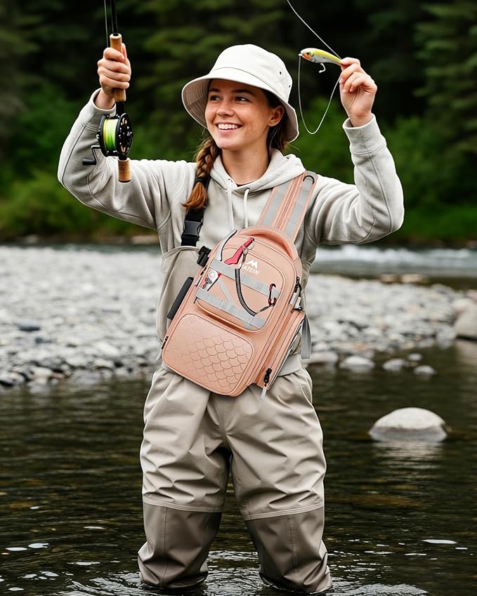 MATEIN Fishing Sling Bag with Lure Rod Holder & Phone Pouch, Waterproof 3600 Tackle Box Backpack with Removable Bait Binder