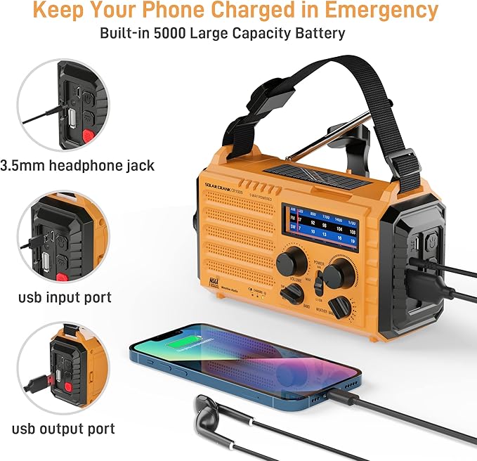 Eoxsmile Emergency Radio with NOAA Weather Alert, 5000mAh Solar Hand Crank Portable AM/FM Shortwave Radio, Rechargeable Battery Powered, USB Charger, Flashlight, SOS Alarm for Home Outdoor Survival