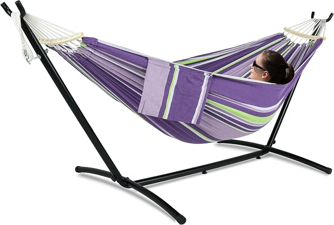 Gafete Double Hammock with Stand for Outside, Upgraded Spreader Bar, Heavy Duty Space Saving Steel Stand 2 Person, Side Pockets, Easy Assembly, 600lbs Weight Capacity (Tranquility Purple)
