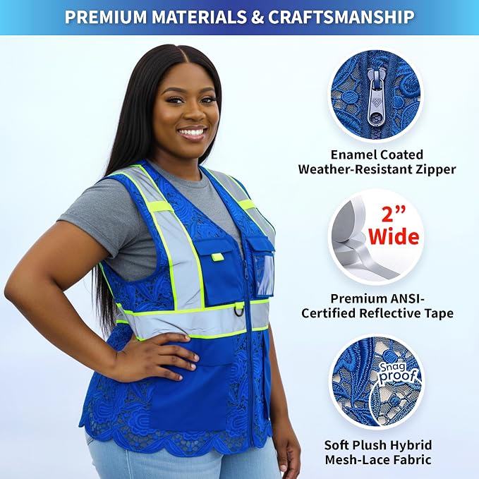 Lace-Mesh Safety Vest for Women & Men - Breathable, High Visibility Vest with Zipper & ANSI Class 2 Reflective Strips
