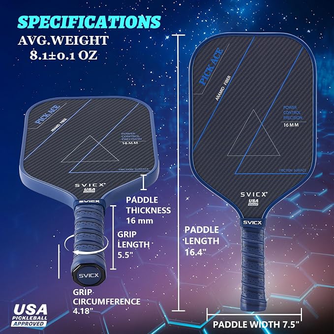 Carbon Fiber Pickleball Paddle 16mm – Professional Pickleball Paddles with Superior Control, Power & Spin – Extended Handle for Two-Handed Grip, USAPA Approved