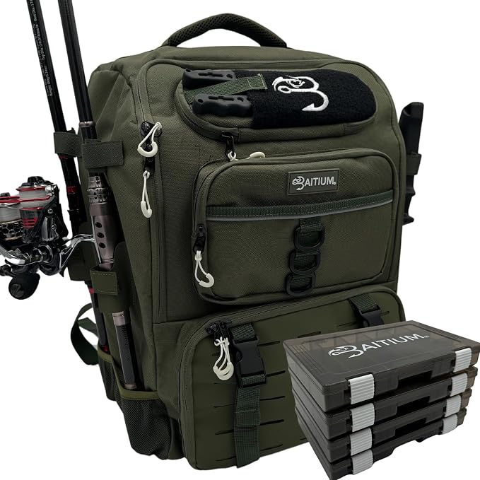 Baitium Fishing Backpack, Tackle Bag With Rod Holders, 40L Capacity With Cooler, Rain Cover, Insulated Pocket, 4 Tackle Trays Included- (Green)