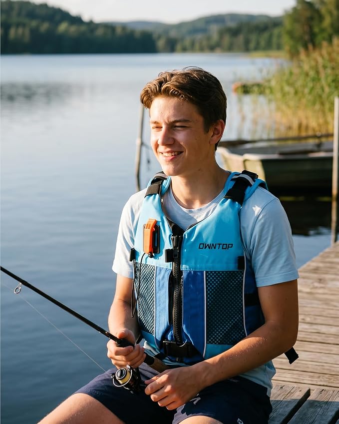 Owntop Swim Jacket Adult Youth | Hydration Pack | Dual Mesh Pockets | Attached Whistle | Ultra-Thin for Freer Movement | Kayak, Boating, Fishing, All Watersports