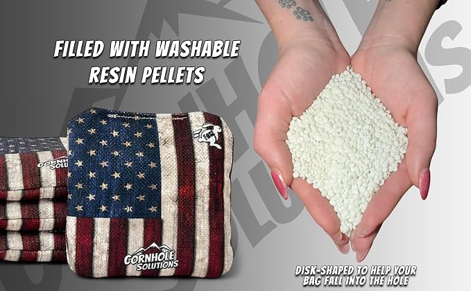 Cornhole Solutions - Professional Cornhole Bags Set of 8 – Regulation 6"x6" – USA Flag Designs – Resin Filled + Tote Bag